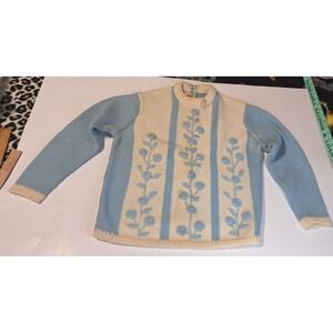 Charles & Co Vintage Wool Sweater Blue Cream Floral Rose Embroidery Back Zip 38